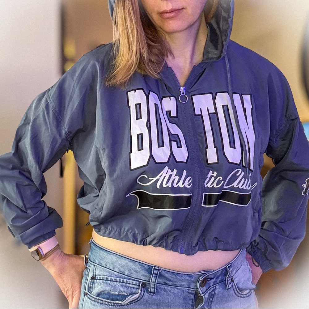 Cropped Boston Varsity Windbreaker Jacket Y2K Blue Medium